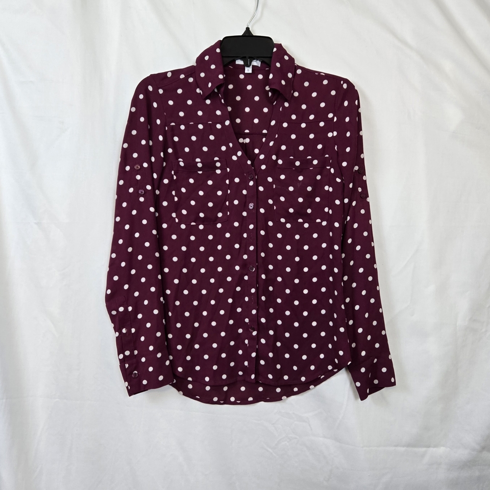 Express Womens Slim Fit Portofino Burgundy Polka Dot Long Sleeve Chiffon‎ Top XS